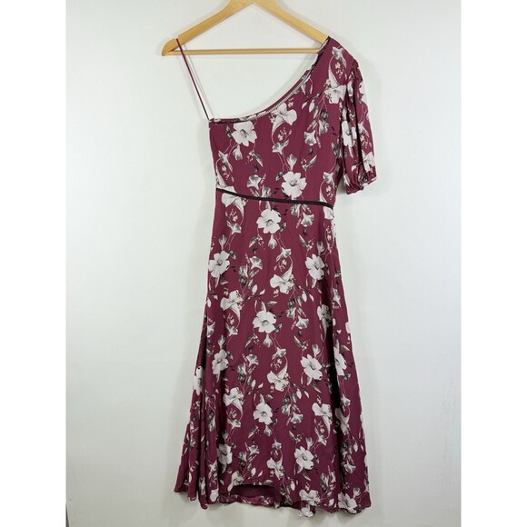 La Maison Talulah Maroon Floral One Shoulder Midi Cottage Dress Women's Small - Picture 5 of 6